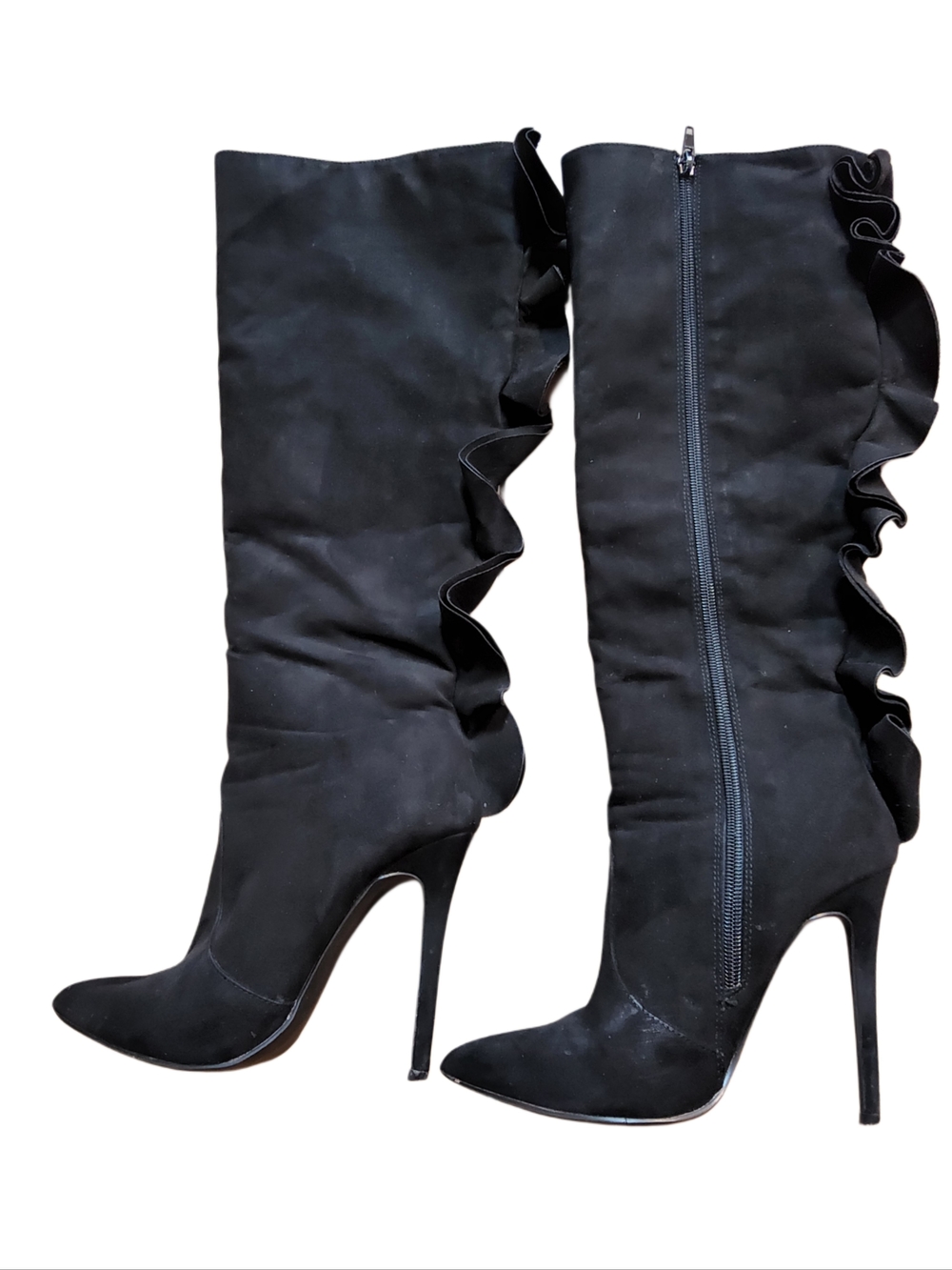 Black Ruffled Knee-High Stiletto Boots